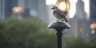 urbano fauna silvestre majestuoso pájaro en un ciudad lámpara enviar a oscuridad ai generado foto