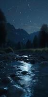 Nighttime Mountain Stream with Reflective Moon and Starlight on Glistening Stones photo