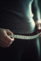 Measuring waist size with tape measure for weight loss progress photo