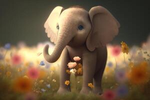 Sweet little elephant enjoying a spring flower field AI generated photo