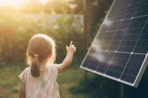 Little Child Standing by Solar Panel with Green Bokeh Background and Sun Rays AI generated photo