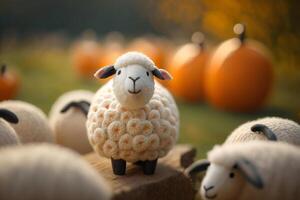 Adorable Little Sheep with Pumpkin in a Fall Field photo