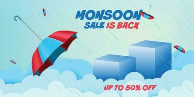 monsoon sale is back banner template with podium in clouds, umberalls flying around in rain. vector