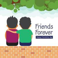 happy friendship day concept, two friends sitting on wall vector