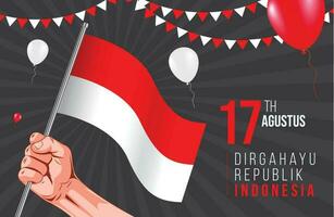 17 August. Indonesia Happy Independence Day - hand holding indonesian flag vector