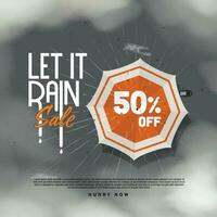 Monsoon sale offer written on umbrella. man walking with umbrella under heavy rain and clouds vector