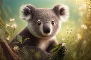 Koala sits on a green meadow in spring among flowers content photo