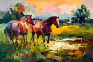 tremendo pezuñas un impresionista pintura de caballos en rico, calentar colores y negrita Pinceladas ai generado foto