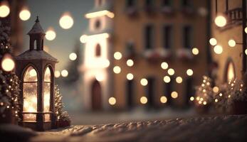 encantador Navidad escena con Nevado calles y iluminado casas ai generado foto