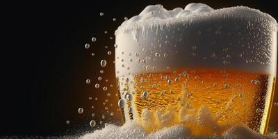 Illustration of refreshing beer with a foam head with drops AI generated content AI generated photo