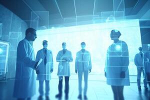 Medical team with surgical masks working in a high-tech laboratory photo