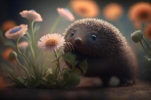 ilustración gracioso Topo oliendo un flor ai generado contenido foto