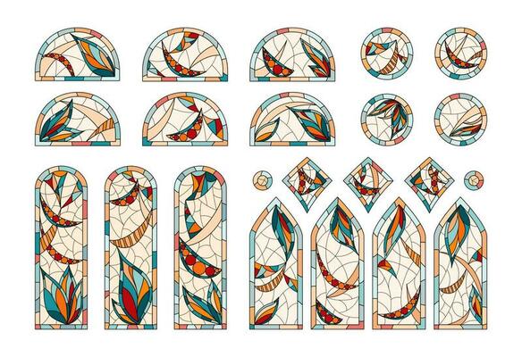 Stained glass in a Church. Set of different windows shapes drawing in one style.
