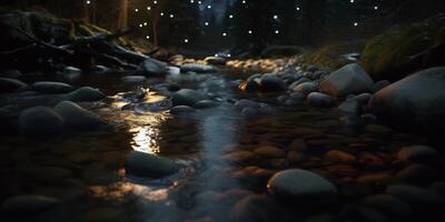 Noche montaña corriente reflejando pueblo luces y guijarros ai generado foto