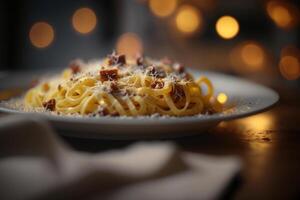 Creamy Italian Specialty Carbonara Pasta with Bacon and Parmesan Cheese photo