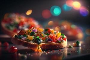 auténtico italiano Bruschetta en rústico un pan con Tomates y albahaca ai generado foto