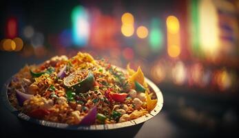 Savor the flavors of India with Bhelpuri A mouth-watering dish served steaming against a dark backdrop photo