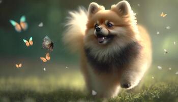 persiguiendo mariposas adorable pomeranio perro en un verde prado ai generado foto