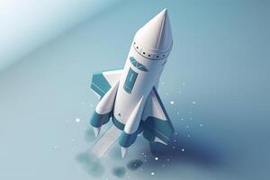 Symbolic 3D Rendering of White Rocket Model against Blue Background for Startup Concepts photo