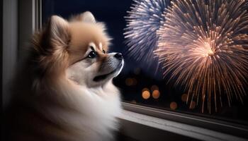 un linda pomeranio perro acecho fuegos artificiales desde un ventana en nuevo años víspera ai generado foto