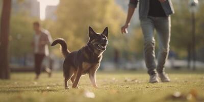 Canine Playtime Dog and owner chasing ball in the park photo