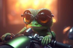 el frio camaleón motorista con gafas de protección en su motocicleta ai generado foto