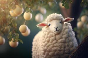 linda y gracioso de lana oveja entre manzanas en un lozano Hora de verano manzana árbol ai generado foto