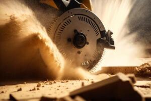 Witness the power and precision of a hand-held circular saw as it cuts through material, creating a shower of sawdust illuminated by the warm, golden light of a summer day photo