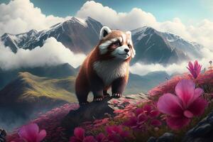 adorable chino rojo panda en un soñador ajuste con cubierto de nubes chino montañas y rosado montaña flores ai generado foto