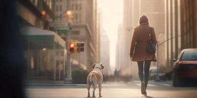 ciudad paseo con canino compañero un mujer y su perro en medio de rascacielos durante puesta de sol ai generado foto