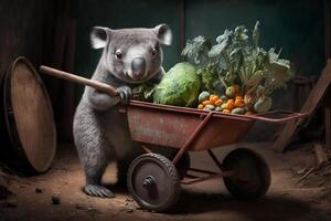 Koala gardening with a wheelbarrow full of vegetables Content photo