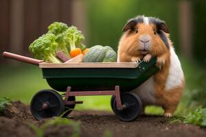 Healthy guinea pig harvests vegetables with wheelbarrow in the garden photo