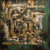 Industrial Elegance A Captivating Fusion of Collage and Paint in Large Canvas Paintings, Adorned with Turquoise and Sepia Tones photo