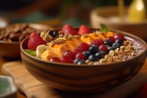 vistoso Fruta y Granola cuenco en un de madera cuenco ai generado foto