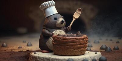 un gracioso y dulce Topo vistiendo un del chef sombrero y Cocinando con un cuchara ai generado foto