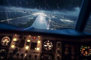 aterrizaje en el tormenta un del piloto ver de el pista en medio de lluvia, iluminación, y instrumento luces ai generado foto