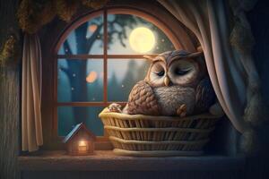 Little tired owl lies bed in tree house and sleeps photo