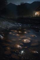 Nighttime Mountain Stream with Reflective Moon and Starlight on Glistening Stones photo