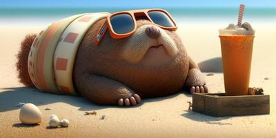 A Fun and Sweet Mole Taking a Sunbath at the Beach in the Summer photo