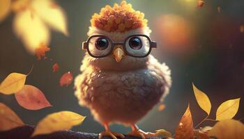 Cute Little Chick with Glasses Surrounded by Colorful Autumn Leaves photo