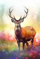 A Majestic Stag in the Misty Autumn Meadow A Watercolor Painting photo