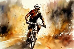 Thrilling Descent An Abstract Watercolor Depicting a Mountain Biker Riding Down a Path in the Forest photo