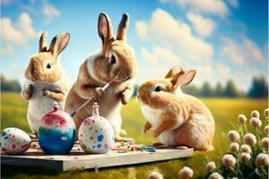 adorable pequeño Pascua de Resurrección conejitos sentado en un verde prado con azul cielo, pintura Pascua de Resurrección huevos ai generado foto