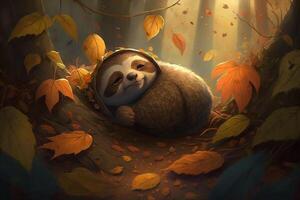 Exhausted and tired sloth lies between autumn leaves and sleeps photo