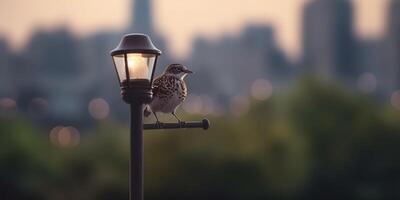 urbano fauna silvestre majestuoso pájaro en un ciudad lámpara enviar a oscuridad ai generado foto