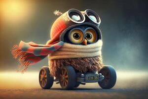 little funny baby owl is racing in a toy car photo