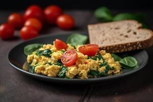 Savory spinach scrambled eggs on a dark plate photo