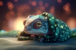 Cozy Chameleon taking a nap with a fluffy blanket photo