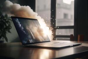 Disastrous scene Laptop explosion creates massive dust cloud on office desk AI generated photo