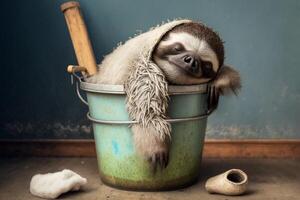 Exhausted sloth works as a cleaner and fell asleep in the cleaning bucket photo